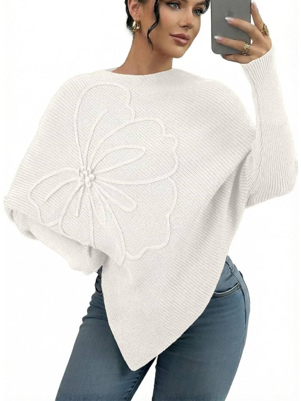 Women's White Oversized Long Sleeve Crewneck Asymmetrical Fashion Sweater